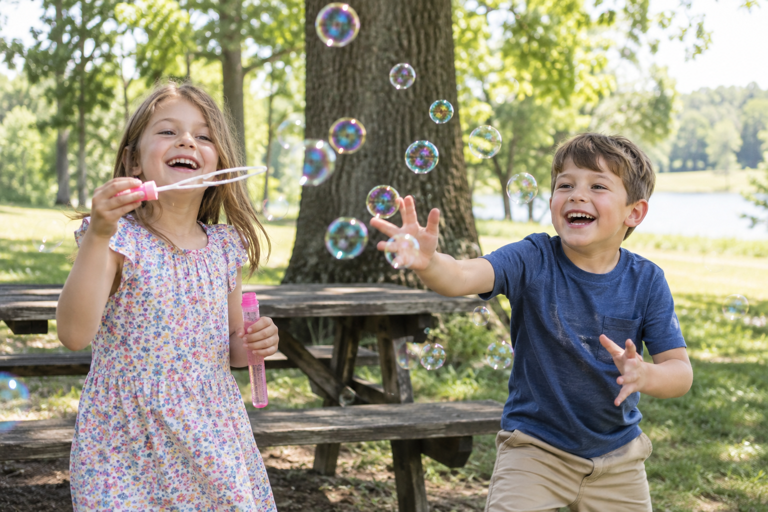 Children playing with bubbles in a park, landscape photo