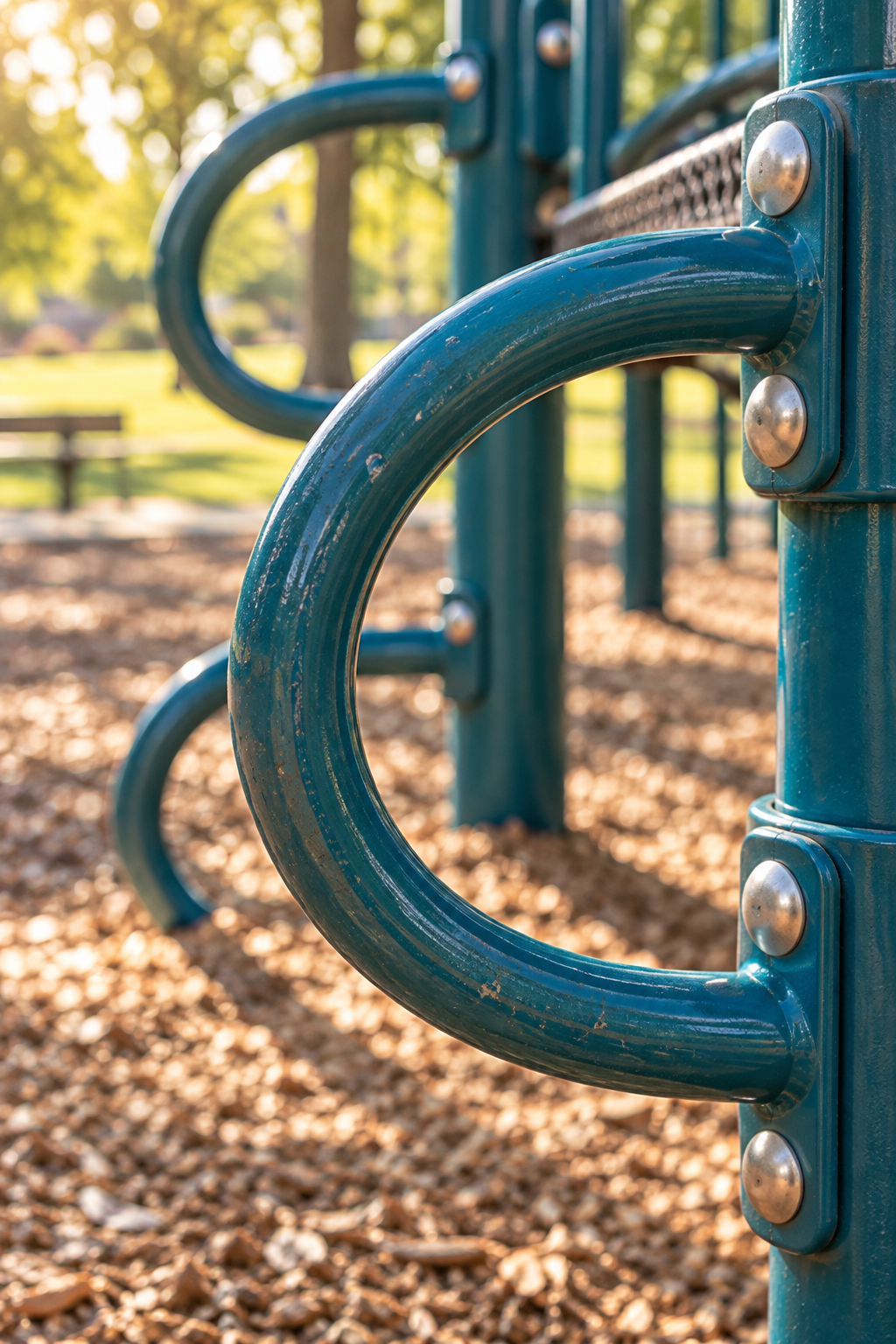 Close detail of teal playground climbing handles, portrait photo