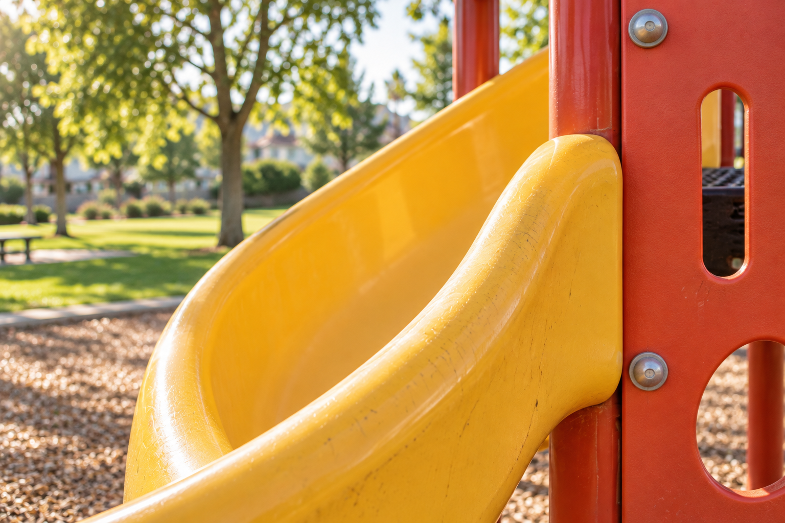 Close detail of a yellow slide and red playground support, landscape photo