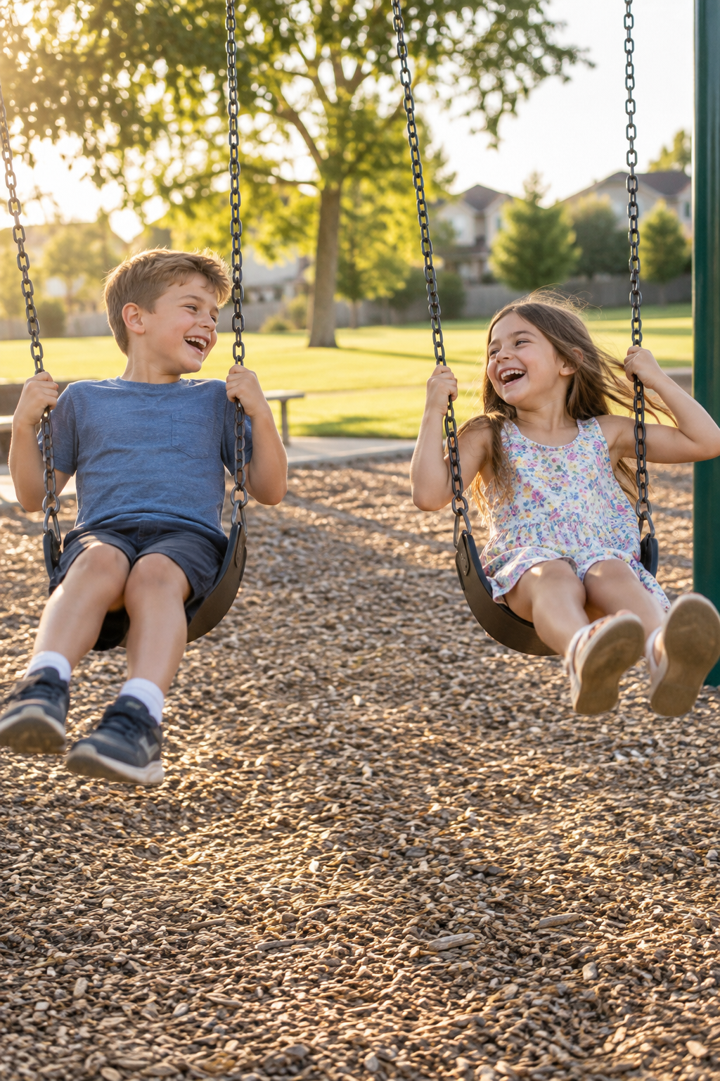 Children laughing on playground swings, portrait photo