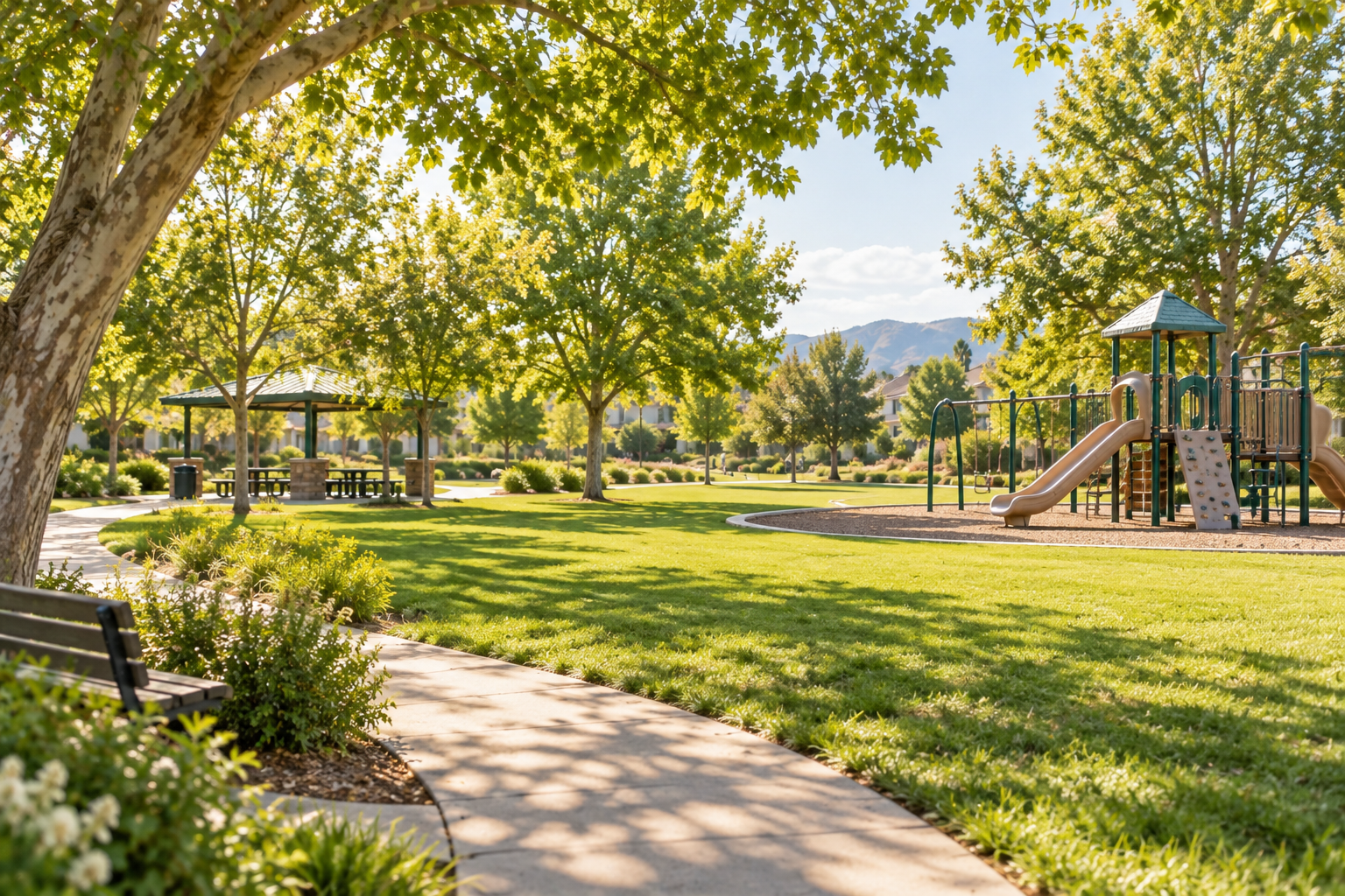 Wide sunny park with lawn, trees, path, and playground, landscape photo
